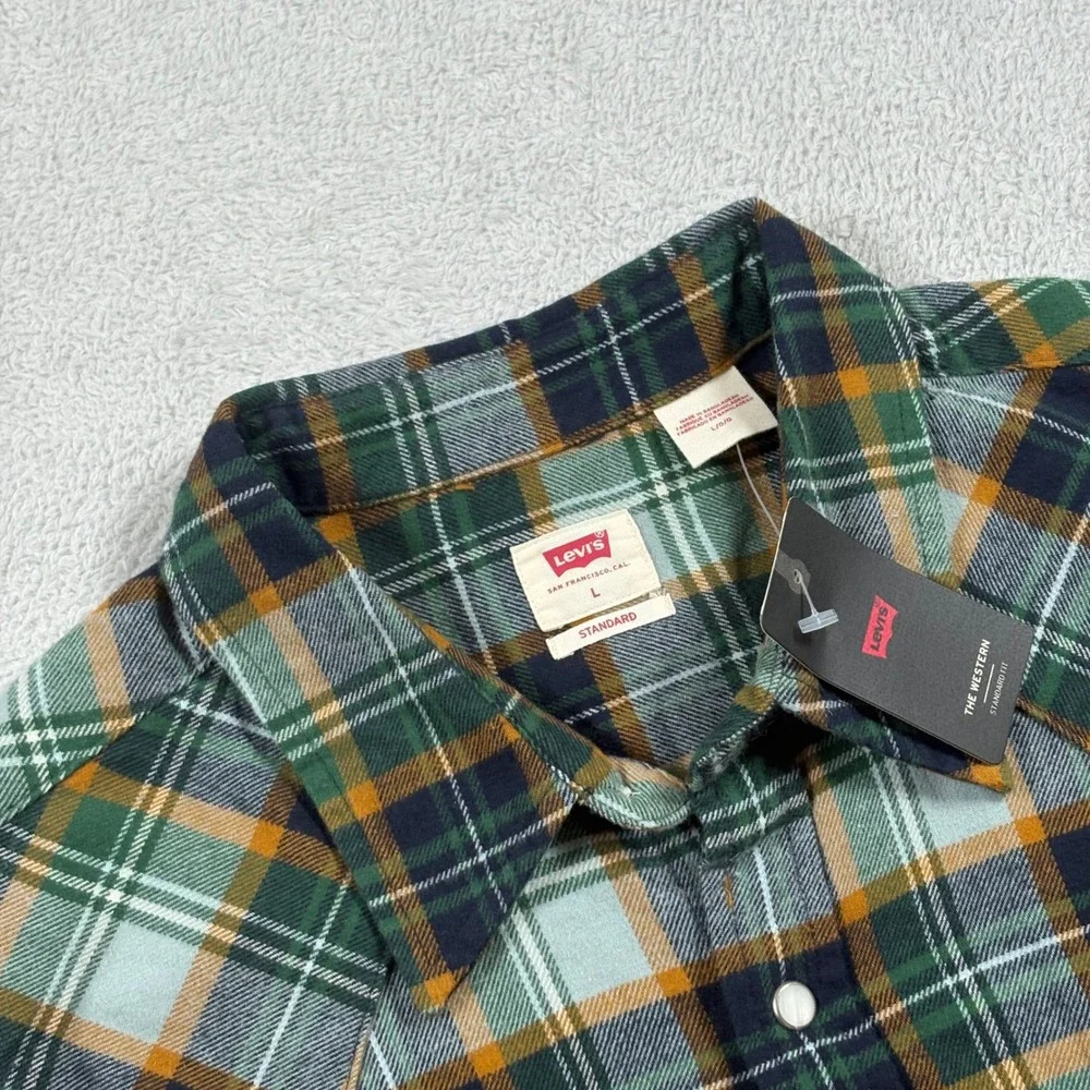 Levis Men Green Plaid The Western Standard Fit Cotton Flannel Shirt Pearl Snap L